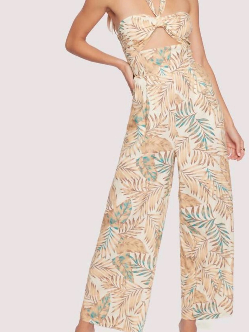 Lost + Wander Amari Palm Wide Leg Jumpsuit in Beige and Teal